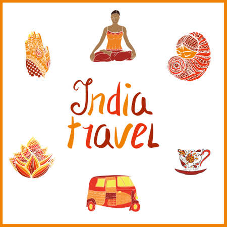 Doodle India elements -  cup of tea, lettering, taxi, lotus, indian girl, henna hands and otherのイラスト素材