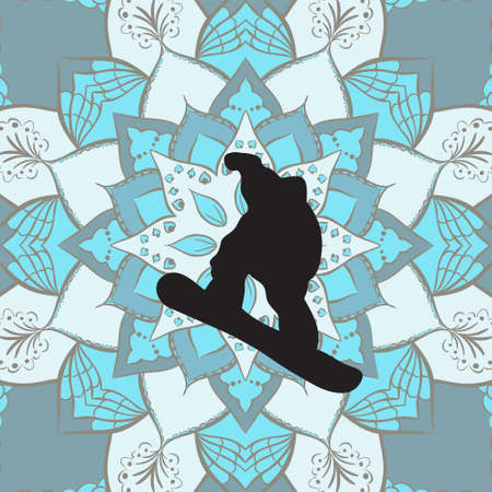 Snowboarder on flower mandala backgroundのイラスト素材
