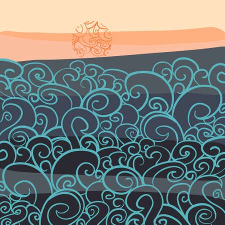 Sea sunset in doodle style. Doodle illustration. Perfect for web, blog, textile, prints and otherのイラスト素材