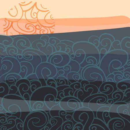 Sea sunset in vector. Doodle illustration. Perfect for web, blog, textile, prints and otherのイラスト素材