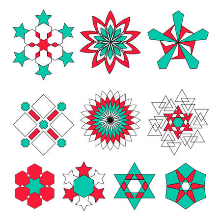 Sacred geometry symbols set in . Arabic pattern backgroundのイラスト素材