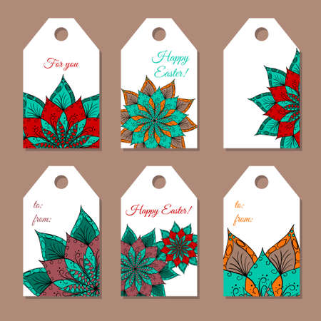 Gift tags with hand drawn flower mandala for cards, invitations and Happy Easter cards. Boho styleのイラスト素材