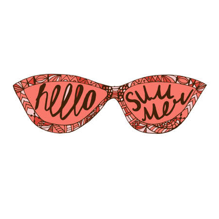Hello summer - hand drawn lettering in glasses. Perfect for print or poster design. Summer is coming. Rose summer sunglasses in vectorのイラスト素材