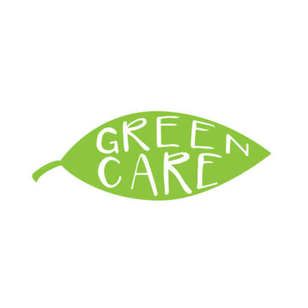 Green care logo for organic food, natural cosmetics. Hand drawn logo in . Isolated on white backgroundのイラスト素材