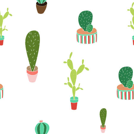Cactus pattern in . Pattern with cartoon cactus on white backgroundのイラスト素材