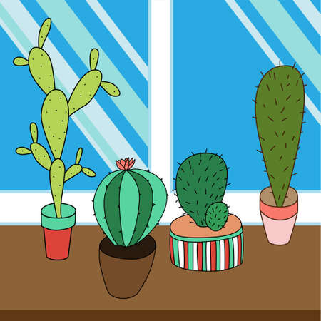 Cactus set on window in .  Perfect for webのイラスト素材