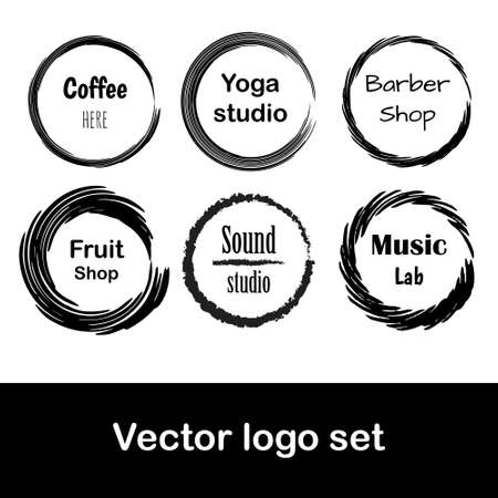 Set of 6 creative logo - for cafe, yoga studio, barbery shop, fruit shop, sound studio, music lab, organic fruit shop. Vector illustration. Isolated on white background and layered.のイラスト素材