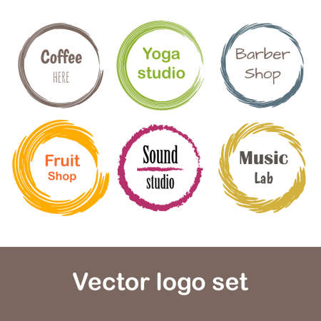 Set of 6 creative logo - for cafe, yoga studio, barbery shop, fruit shop, sound studio, music lab, organic fruit shop. Vector illustration. Isolated on white background and layered.のイラスト素材