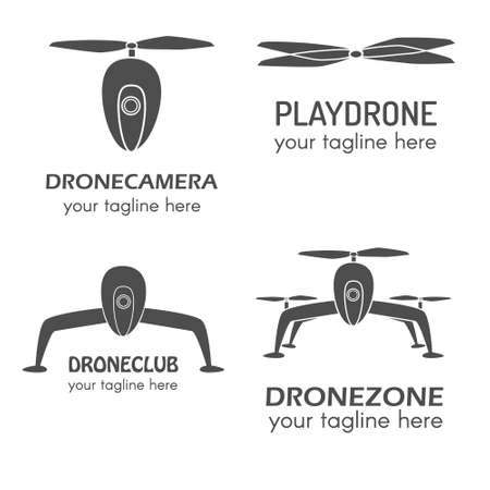set of drone logo. Perfect for design elements, badges and labels. Drone copter in line styleのイラスト素材