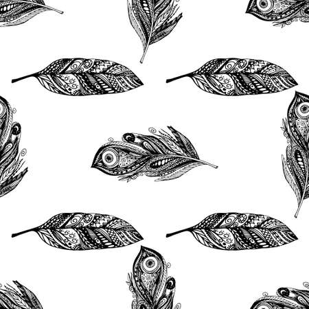 Pattern with feathers. Peacock feathers seamless pattern.  illustration. Perfect for textile, print, fabric, wrapping paper. Hand drawn featherのイラスト素材
