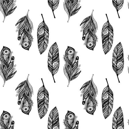 Pattern with feathers. Peacock feathers seamless pattern.  illustration. Perfect for textile, print, fabric, wrapping paper. Hand drawn featherのイラスト素材