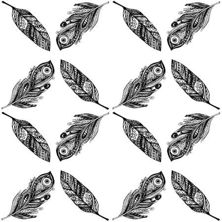 Pattern with feathers. Peacock feathers seamless pattern.  illustration. Perfect for textile, print, fabric, wrapping paper. Hand drawn featherのイラスト素材