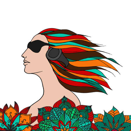Woman with sunglasses and headphone listen music in flowers. Flower mandala in doodle style. Hand drawn sketch in . Perfect for poster, textile, stickers.のイラスト素材