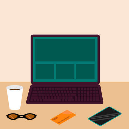 On-line shopping. Table with laptop.  illustration in flat styleのイラスト素材