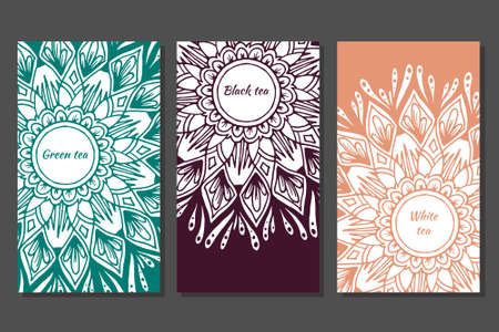 Hand drawn flower mandala for tea package, cards, invitations and coloring book. Unusual tea decoration in india styleのイラスト素材