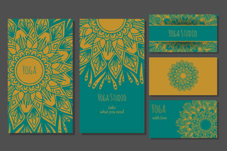 Cards template for yoga studio or yoga class. Yoga retreat.  editable template with front and back side visit cards and flyer. Yoga banner set for web.のイラスト素材