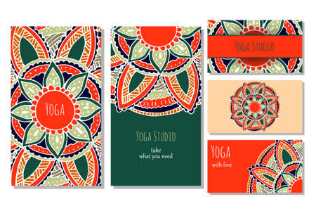 Cards template for yoga studio or yoga class. Yoga retreat.  editable template with front and back side visit cards and flyer. Yoga banner set for web.のイラスト素材
