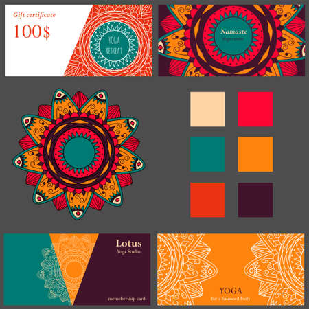 Cards template for yoga studio or yoga class. Yoga retreat.  editable template with gift card and visit cards or flyer. Yoga banner set for web.のイラスト素材