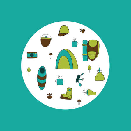 Travel set in . Backpack, boot, sleeping bag, tent.のイラスト素材