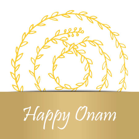 Greeting card of Onam holiday. Golden leaves on white background.  illustrationのイラスト素材