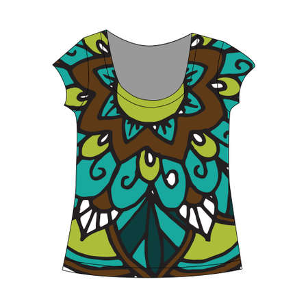 T-shirt template with flower mandala in boho style - for t-shirt, textile, wrapping paper.  illustrationのイラスト素材