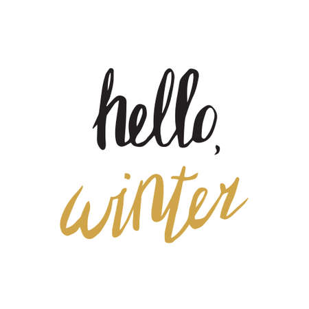 Hello, winter poster. Hand drawn. Lettering in . Golden and blackの写真素材
