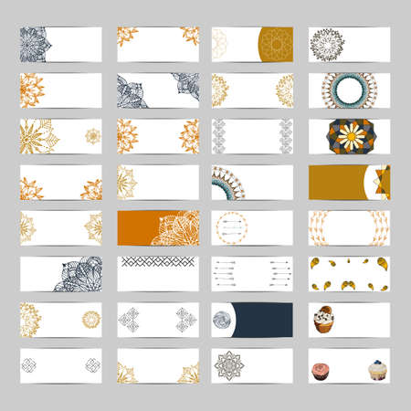 32 banner set with flower mandala, yarn, cupcakes for web and creative design. Isolated vector illustrationのイラスト素材