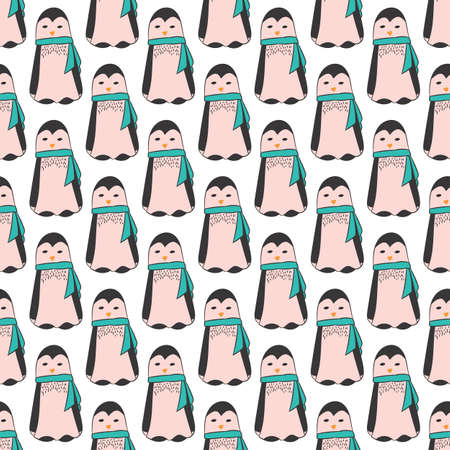 Penguin seamless pattern in hand drawn style for cards, fabric and nursery decor. Vector illustration. のイラスト素材