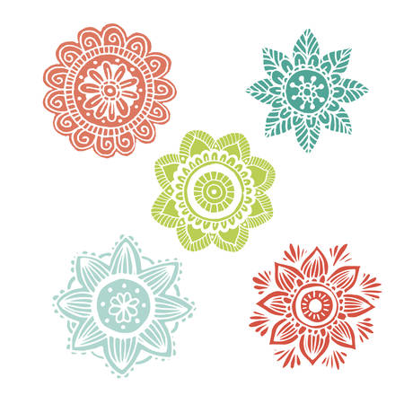 Set of 5 flower mandala in hand drawn style for prints, fabric and tattoo. Vector illustration. Isolated on whiteのイラスト素材