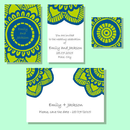 Flower mandala wedding invitations set in hand drawn style for prints, fabric and ceramic. Vector illustration.のイラスト素材