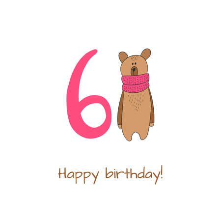 Happy birthday card with bear in hand drawn style for cards, fabric and nursery decor. Vector illustration. Isolated on white backgroundのイラスト素材