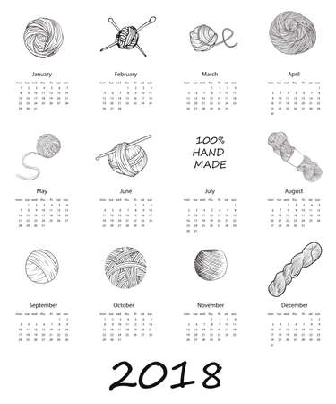 Calendar 2018 with yarn in hand drawn style. For print, decor and creative designのイラスト素材