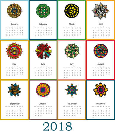 Calendar 2018 in hand drawn style, For print, decor and creative designのイラスト素材