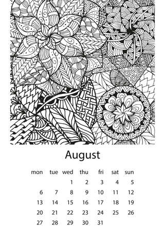 Calendar 2018 with mandala pattern in hand drawn style on white background.のイラスト素材