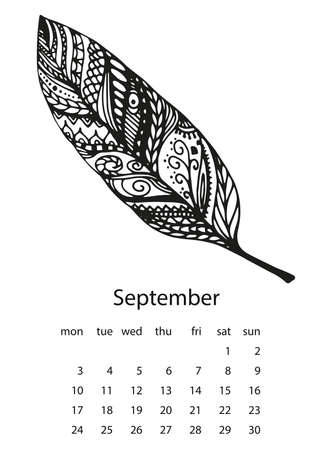 Calendar 2018 with feather in hand drawn style on white background.のイラスト素材