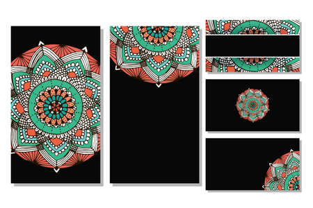 Cards set with flower mandala in hand drawn style.のイラスト素材