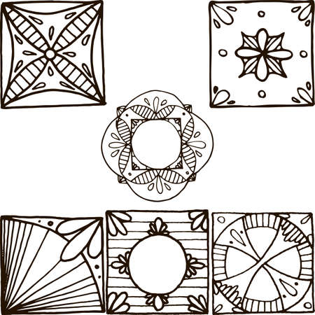Tiles with doodles set in hand drawn style. For print, ceramic, creative design. Vector illustration. Isolated on whiteのイラスト素材