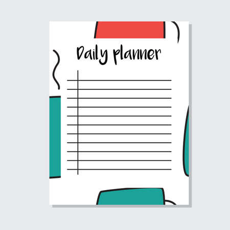 Daily Planner with cup of tea  in cartoon style. Perfect for Print, Template, to do list. Vector isolated illustrationのイラスト素材