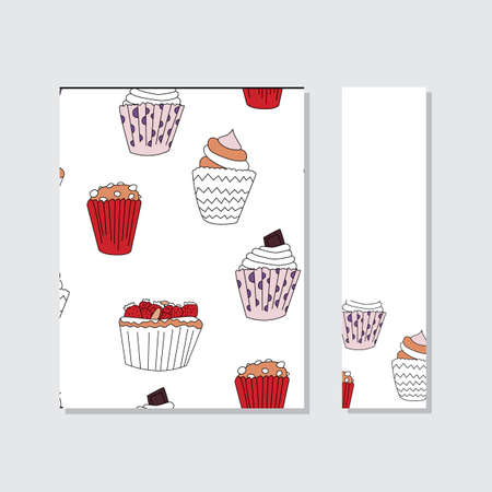 Cooking book cover template with cupcake seamless pattern in cartoon style. Perfect for print, schedule and creative design Vector illustration.のイラスト素材