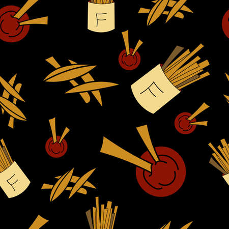 French fries seamless pattern in cartoon style. For print, textile, creative design. Vector illustration. のイラスト素材