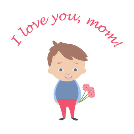 Happy Mother's Day card in flat style. Boy with flowers in hands. I love you mom. Vector illustrationのイラスト素材