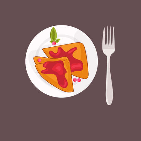 Puncakes with jam, berries and mint in cartoon style. Shrovetide festive design. Vector illustrationのイラスト素材