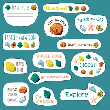 13 Stickers set with shells in cartoon style. For web, social network, travel book and creative design. Vector illustrationのイラスト素材
