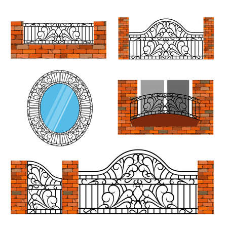 Forged metal elements with ornament. For steel fence, gates and decorative balcony. Vector illustrationのイラスト素材