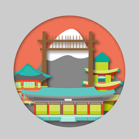 Card with South Korea attractions in paper art style. For travel, stickers and greeting cards.の写真素材