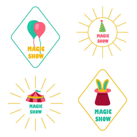 Circus badges in flat style. Hat with rabbit, airballons, tent. Perfect for advertising poster. Vector illustrationのイラスト素材