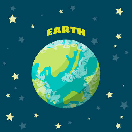 Banner with planet Earth in cartoon style with text. For print, poster and card designのイラスト素材