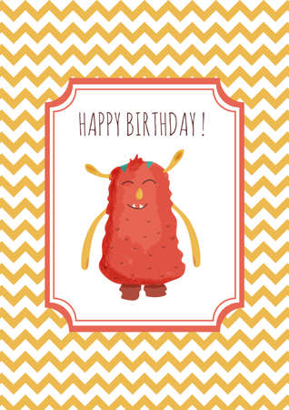 Happy birthday card with cute monster in cartoon style. Vector illustrationのイラスト素材