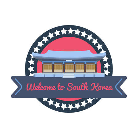 Korean welcome sticker in flat style. For diary, travels and voyage. Vector illustration.のイラスト素材