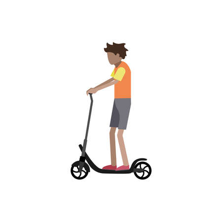 Young boy on electric scooter in flat style. Vector illustrationのイラスト素材